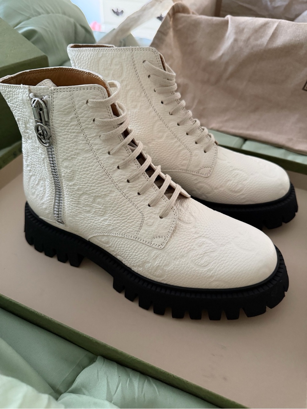 Gucci White Embossed Leather Combat Boots with Black Lug Sole